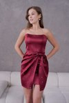 Bordo Mini Taşlı Straplez Saten Mezuniyet Abiye Elbise
