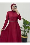 Bordo Önü Drapeli Beli Boncuk Detaylı Saten Tesettür Abiye Elbise