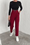 Bordo Örme Krep Çift Düğmeli Pantolon