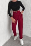 Bordo Örme Krep Çift Düğmeli Pantolon