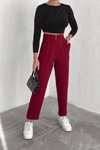 Bordo Örme Krep Çift Düğmeli Pantolon