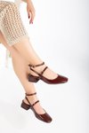 Burgundy Patent Open Back Square Toe Classic Low Heel Shoe with Strap