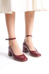 Bordo Rugan Leman Kapalı Yuvarlak Burunlu 5cm Kalın Ökçe Bilek Baretli