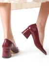 Bordo Rugan Yeliz Kapalı Yuvarlak Burunlu 5cm Kalın Ökçe
