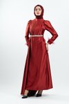 Bordo Taşlı Saten Tesettür Abiye Elbise
