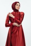 Bordo Taşlı Saten Tesettür Abiye Elbise