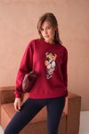 Bordo Teddy Bear Ayıcık Baskılı İplik Şardonlu Bisiklet Yaka Sweat Sweatshirt