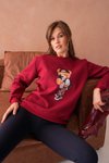 Bordo Teddy Bear Ayıcık Baskılı İplik Şardonlu Bisiklet Yaka Sweat Sweatshirt