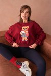 Bordo Teddy Bear Crop Ayıcıklı Sweat Şardonsuz İnce Tasarım İplik Sweatshirt