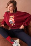 Bordo Teddy Bear Crop Ayıcıklı Sweat Şardonsuz İnce Tasarım İplik Sweatshirt