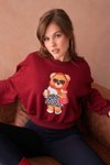 Bordo Teddy Bear Crop Ayıcıklı Sweat Şardonsuz İnce Tasarım İplik Sweatshirt