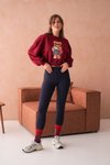 Bordo Teddy Bear Crop Ayıcıklı Sweat Şardonsuz İnce Tasarım İplik Sweatshirt