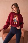 Bordo Teddy Bear Crop Ayıcıklı Sweat Şardonsuz İnce Tasarım İplik Sweatshirt