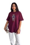 Burgundy Teddy Bear Special Stone Embellished Design Oversize Relaxed Fit T-Shirt