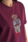 Bordo Teddy Bear Özel Taş İşlemeli Tasarım Oversize Rahat Kesim T-Shirt