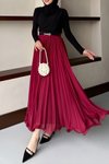 Bordo Uzun Kemerli Volanlı Pliseli Şifon Etek