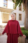 Bordo Yakalı Pelerinli Tesettür Elbise