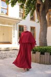 Bordo Yakalı Pelerinli Tesettür Elbise