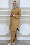 Camel Sallantı Aksesuarlı Hakim Yaka İkili Takım