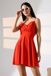 Açık Kırmızı Krep Kumaş İnce Askılı Mini Kloş Elbise