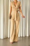 Beige Double-Breasted Belted Crepe Fabric Jumpsuit