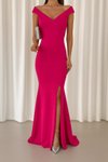 Fuchsia Boat Neck Imported Crepe Fabric Long Evening Dress