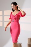Fuşya Kendinden Kemerli Krep Kumaş Kısa Kollu Midi Elbise