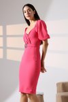 Fuşya Kendinden Kemerli Krep Kumaş Kısa Kollu Midi Elbise