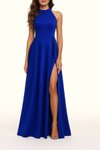 Saks Blue Off-Shoulder Slit Crepe Long Evening Dress