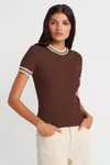 Coffee Cream Round Neck Fine Striped Knit Blouse