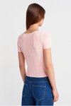 Pembe Kısa Kollu Dantel Dokulu Bluz