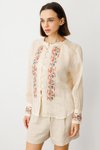 Bej Önü Şerit Nakışlı Keten Bluz