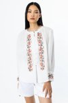 Ekru Önü Şerit Nakışlı Keten Bluz