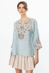 Mavi Önü İşlemeli Keten Bluz