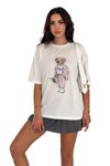 Ekru Ayıcık Baskılı Bisiklet Yaka Oversize Kalıp T-Shirt