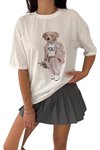 Ekru Ayıcık Baskılı Bisiklet Yaka Oversize Kalıp T-Shirt