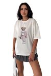 Ekru Ayıcık Baskılı Bisiklet Yaka Oversize Kalıp T-Shirt