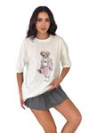 Ekru Ayıcık Baskılı Bisiklet Yaka Oversize Kalıp T-Shirt