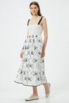 Ekru Desenli Midi Çiçekli Gipeli Askılı Kare Yaka Elbise