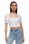 Ekru Gipeli Poplin Balon Kol Dantel Detaylı Crop Bluz