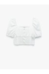 Ekru Gipeli Poplin Balon Kol Dantel Detaylı Crop Bluz