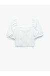 Ekru Gipeli Poplin Balon Kol Dantel Detaylı Crop Bluz