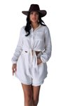 Ekru İkili Önden Bağlama Detaylı Şort Gömlek %100 Pamuk Müslin Takım