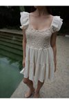Ekru Mini Dantel Detaylı Keten Yazlık Beli Lastikli Şık Rahat Elbise