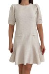 Ekru Mini Tüvit Kumaş Kısa Kol Cep Detaylı Elbise