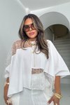 Ekru Payetli Dantel Aplikeli Poplin Bluz