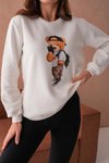 Ekru Teddy Bear Ayıcık Baskılı İplik Şardonlu Bisiklet Yaka Sweat Sweatshirt