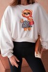 Ekru Teddy Bear Crop Ayıcıklı Sweat Şardonsuz İnce Tasarım İplik Sweatshirt