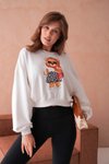 Ekru Teddy Bear Crop Ayıcıklı Sweat Şardonsuz İnce Tasarım İplik Sweatshirt