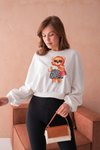 Ekru Teddy Bear Crop Ayıcıklı Sweat Şardonsuz İnce Tasarım İplik Sweatshirt